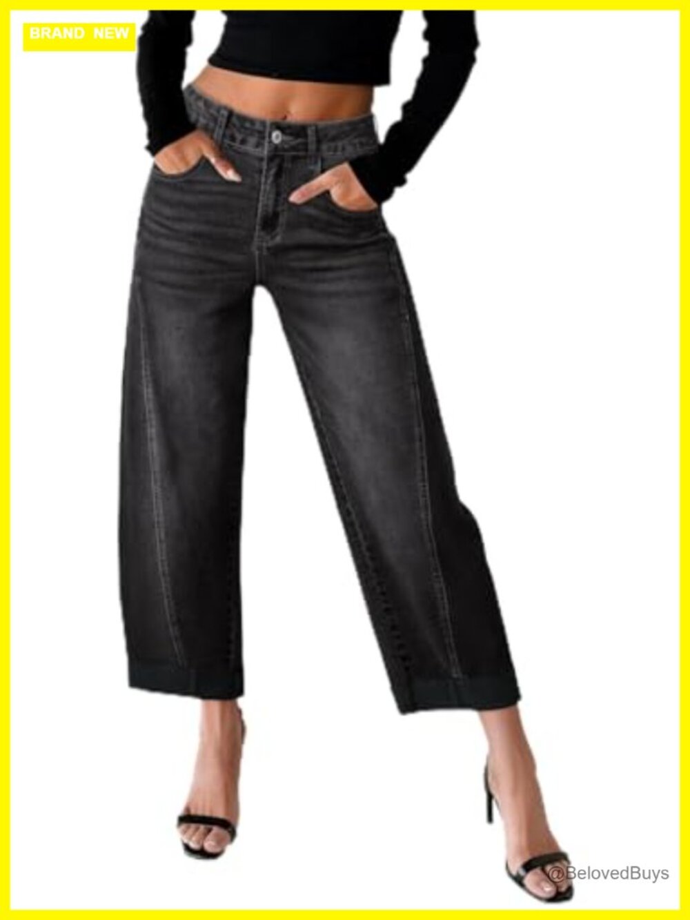 High Waisted Wide Leg Barrel Jeans Raw Rolled Hem Cropped Ankle Denim Pants